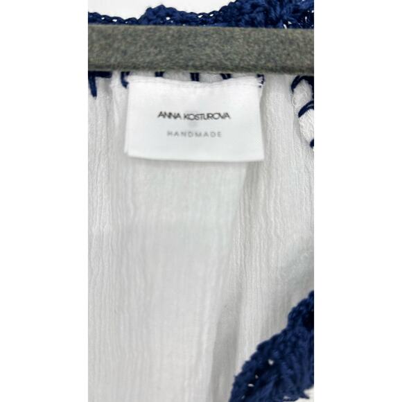 Anna Kosturova hand made oversized crochet trim tunic top white navy SZ Small - Picture 6 of 8